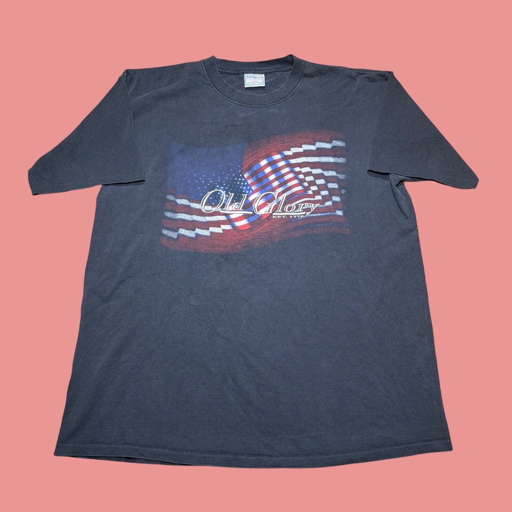 Vintage All Sport Old Glory American Flag T-Shirt XL Single Stitch Black 90s